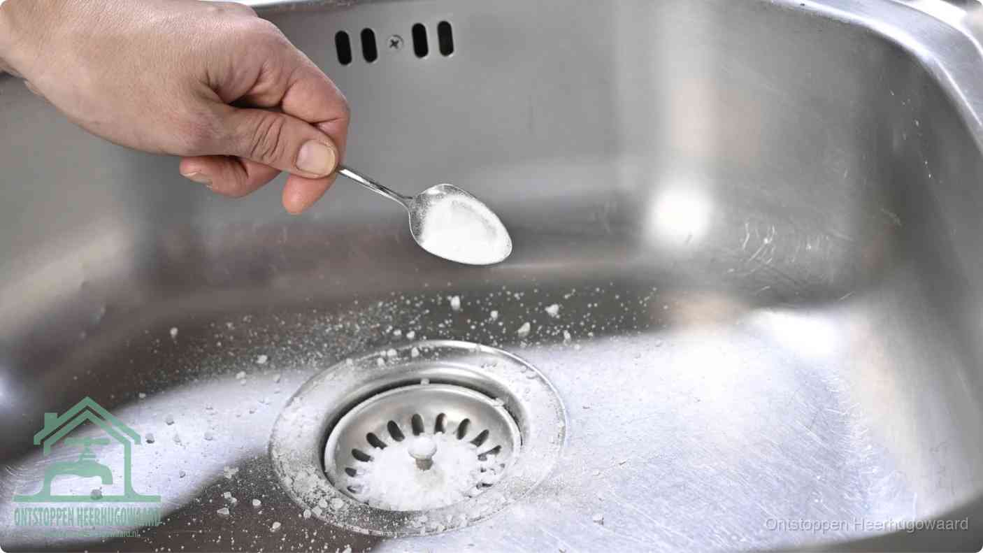 Een hand strooit met een lepel soda in de afvoer van een roestvrijstalen spoelbak, de soda en azijn huismiddel-methode om de afvoer te ontstoppen in Heerhugowaard