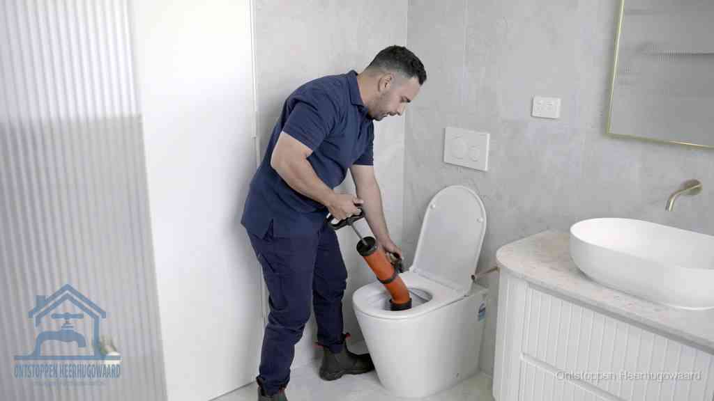 Een monteur buigt over een wandcloset en duwt met de hand een persluchtontstopper in de toiletpot om de verstopping handmatig los te maken in Heerhugowaard