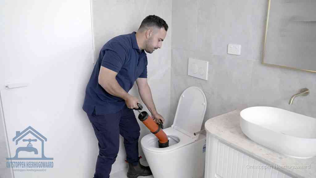 Een monteur gebruikt een handmatige perspomp (toiletontstopper) op een wandcloset tijdens het professioneel wc ontstoppen in Heerhugowaard