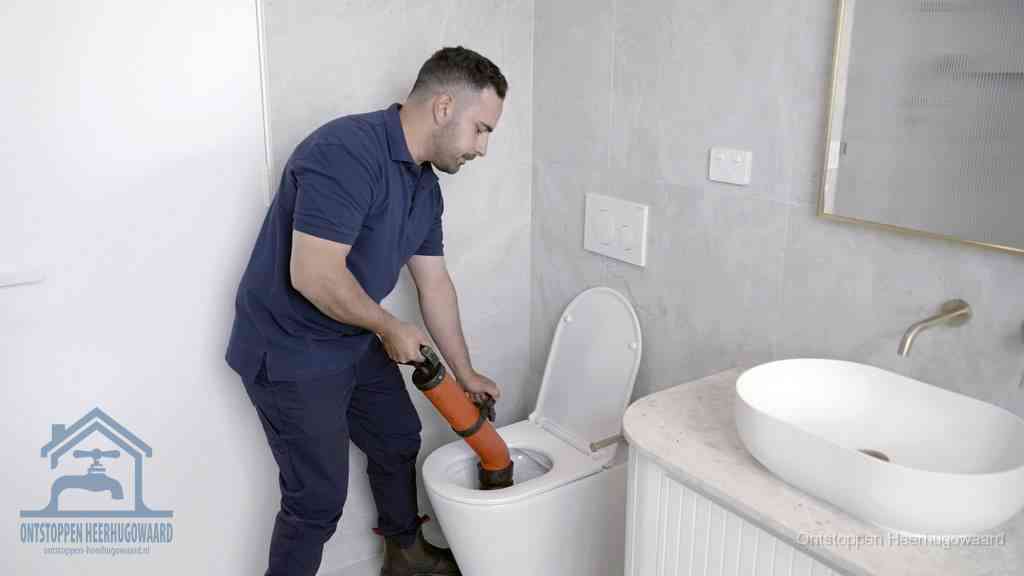 Een man gebruikt een handmatige luchtdruk-ontstopper in een modern betegeld toilet om zelf de wc te ontstoppen in Heerhugowaard